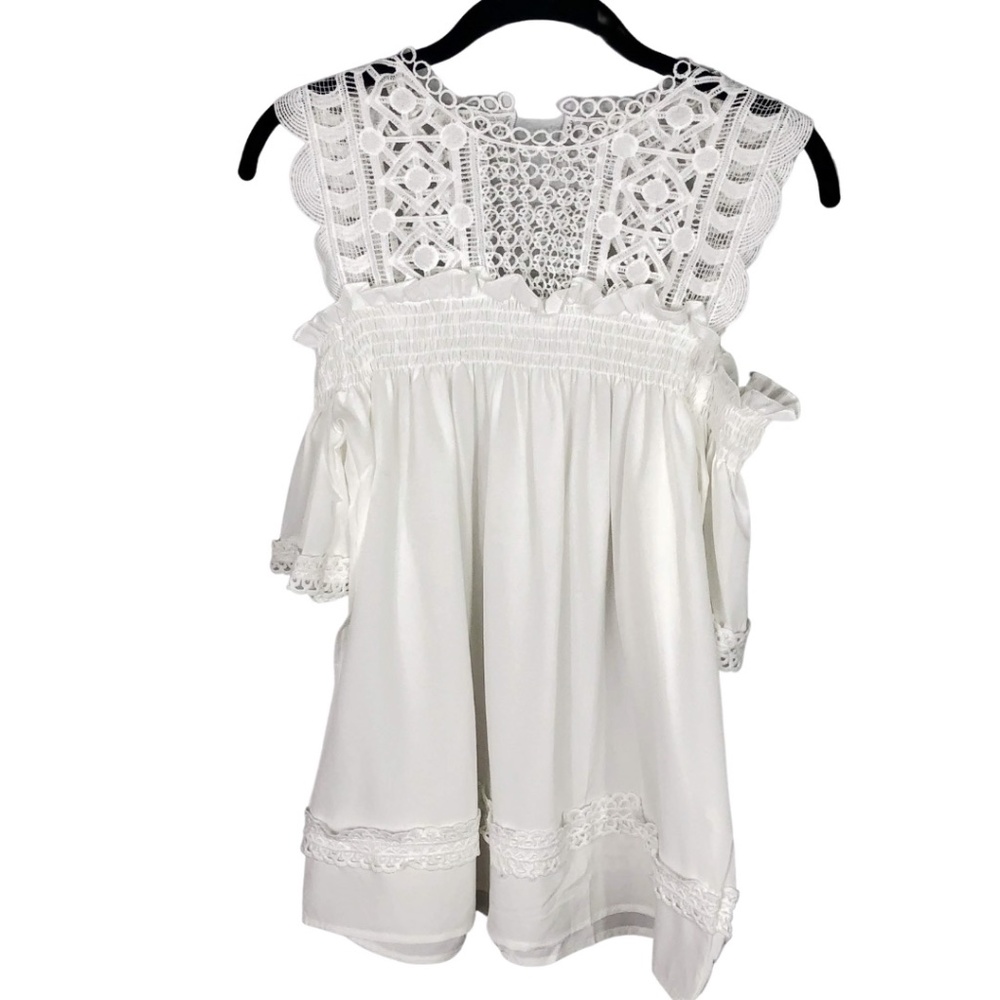White Lace Cold Shoulder Shirred Trapeze Top